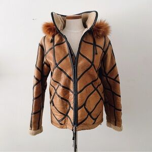 VINTAGE Brown Hooded Leather Jacket with Fur Trim